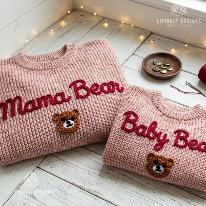 Matching Mama Bear Baby Bear Embroidered Sweaters | Personalized Mom & Baby Cozy Outfit Gift