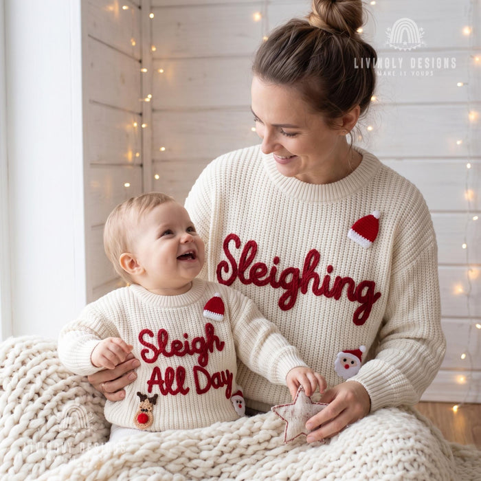 Personalized "Sleighing" Family Christmas Jumpers | Custom Embroidered Matching Parent & Child Sweater