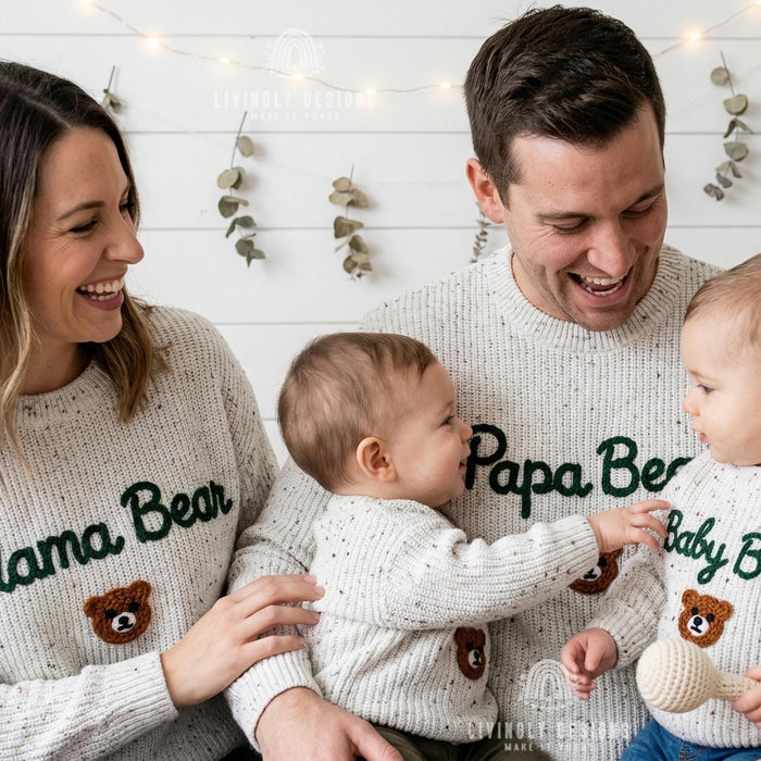 Custom Embroidered Papa Mama & Baby Bear Knit Jumper Cozy Family Gift Set