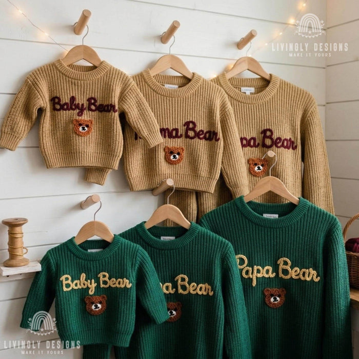 Custom Embroidered Papa Mama & Baby Bear Knit Jumper Cozy Family Gift Set
