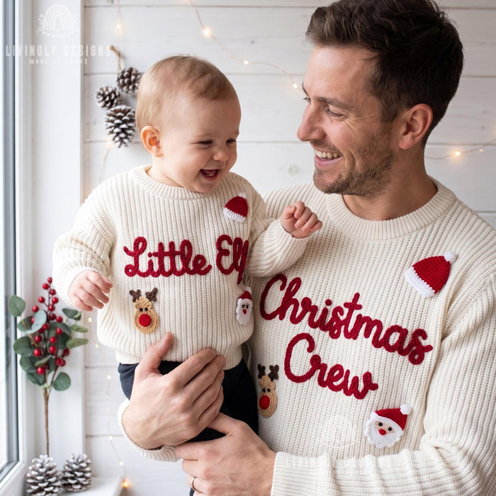 Personalized "Christmas Crew and Little Elf" Family Jumpers | Custom Embroidered Matching Parent & Baby Sweater