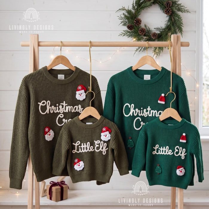Personalized "Christmas Crew and Little Elf" Family Jumpers | Custom Embroidered Matching Parent & Baby Sweater