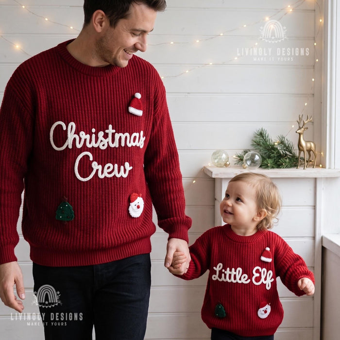 Personalized "Christmas Crew and Little Elf" Family Jumpers | Custom Embroidered Matching Parent & Baby Sweater
