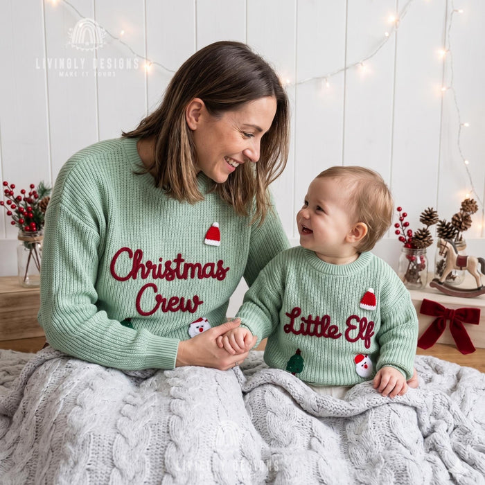 Personalized "Christmas Crew and Little Elf" Family Jumpers | Custom Embroidered Matching Parent & Baby Sweater