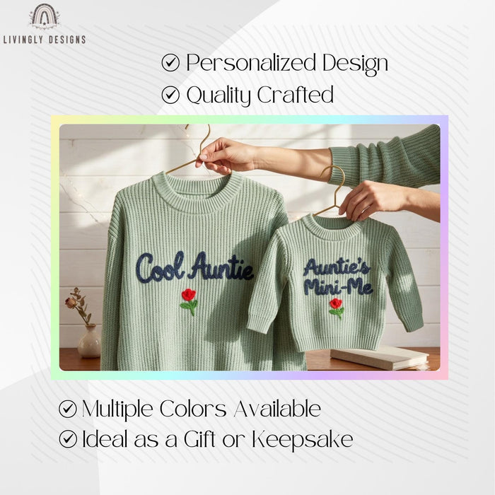 Matching "Cool Auntie and Auntie's Mini-Me" Sweaters | Embroidered Aunt & Niece Knit Jumpers