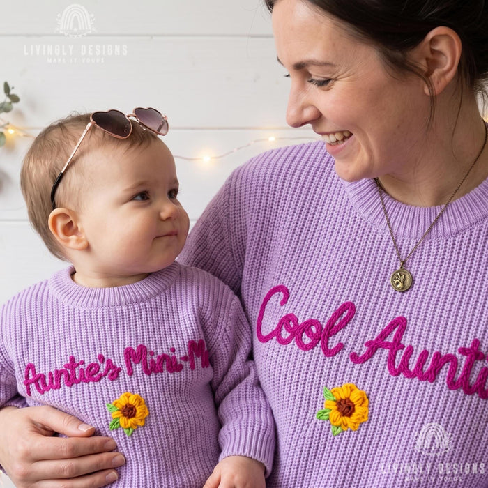 Matching "Cool Auntie and Auntie's Mini-Me" Sweaters | Embroidered Aunt & Niece Knit Jumpers