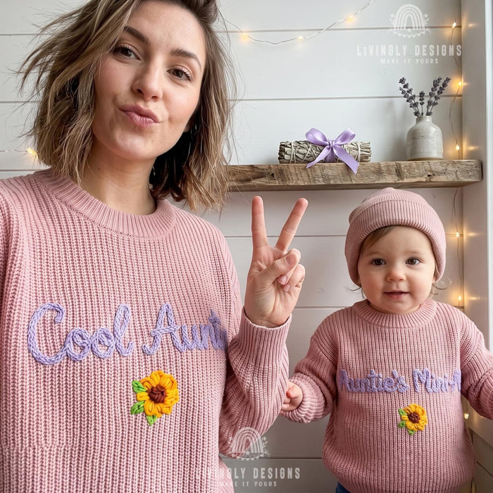 Matching "Cool Auntie and Auntie's Mini-Me" Sweaters | Embroidered Aunt & Niece Knit Jumpers