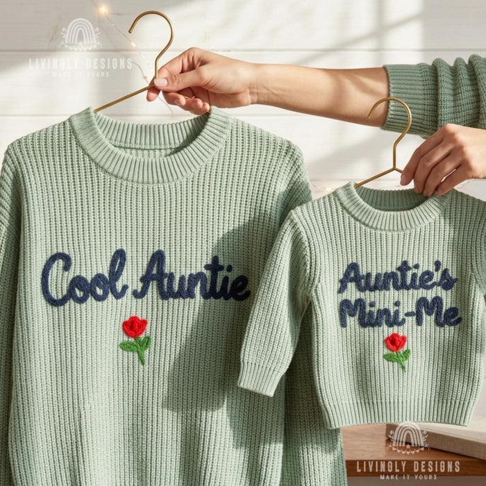 Matching "Cool Auntie and Auntie's Mini-Me" Sweaters | Embroidered Aunt & Niece Knit Jumpers