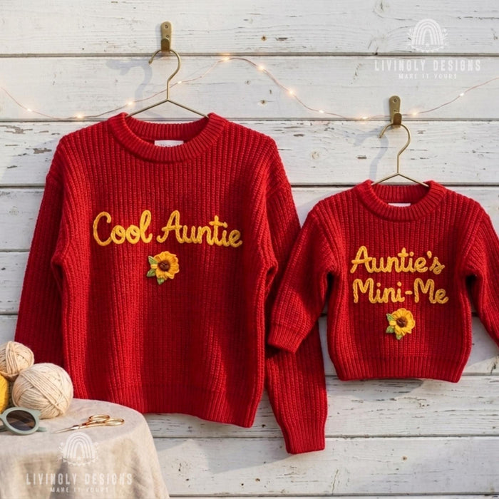 Matching "Cool Auntie and Auntie's Mini-Me" Sweaters | Embroidered Aunt & Niece Knit Jumpers