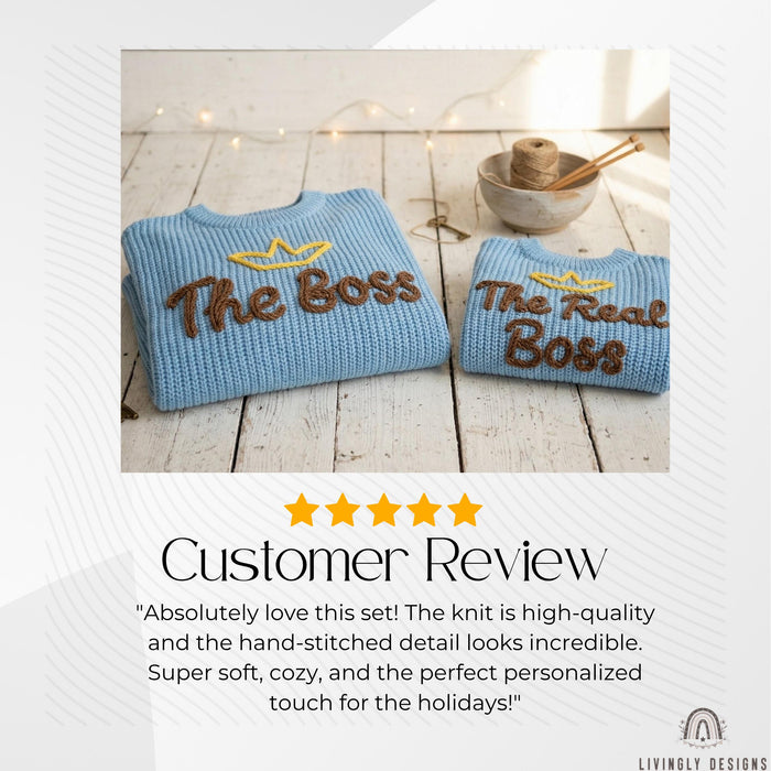 Matching Parent and Baby Crown Sweaters | Personalized “The Boss & The Real Boss” Embroidered Knitwear