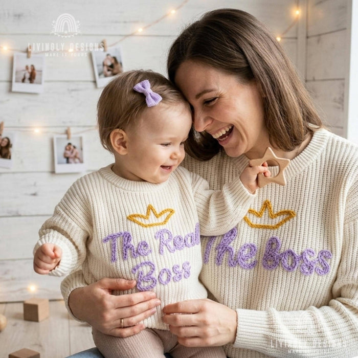 Matching Parent and Baby Crown Sweaters | Personalized “The Boss & The Real Boss” Embroidered Knitwear