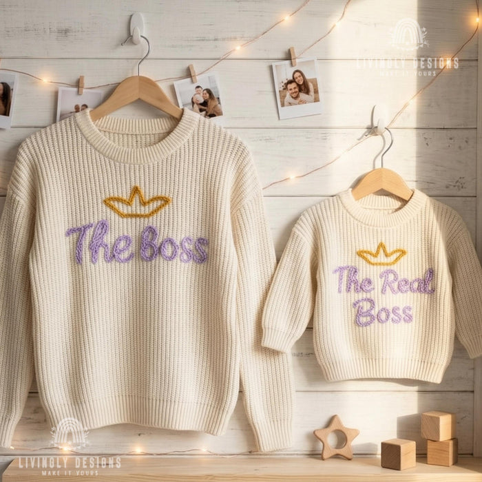 Matching Parent and Baby Crown Sweaters | Personalized “The Boss & The Real Boss” Embroidered Knitwear