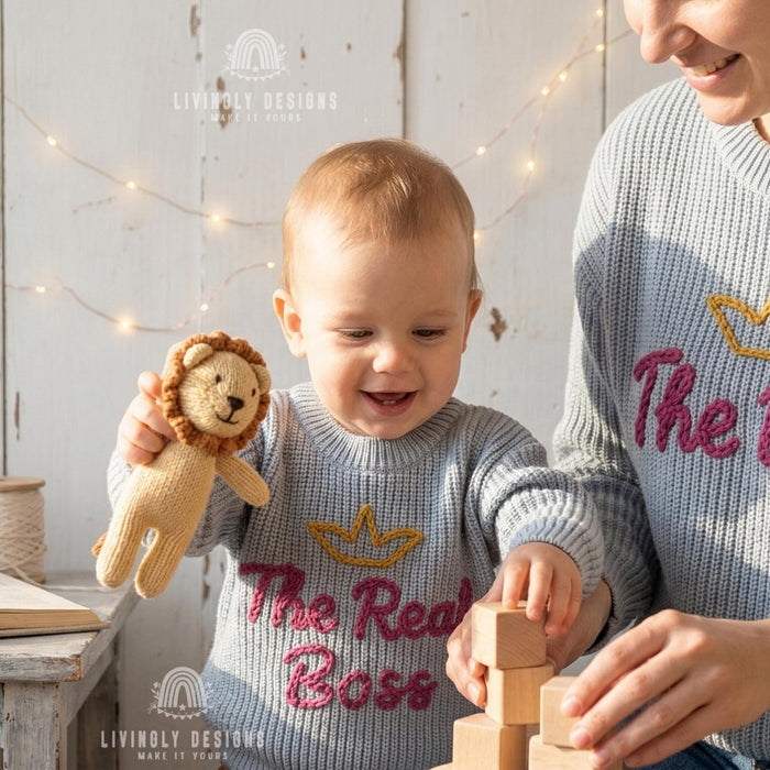 Matching Parent and Baby Crown Sweaters | Personalized “The Boss & The Real Boss” Embroidered Knitwear