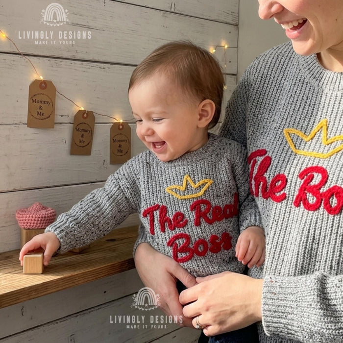 Matching Parent and Baby Crown Sweaters | Personalized “The Boss & The Real Boss” Embroidered Knitwear