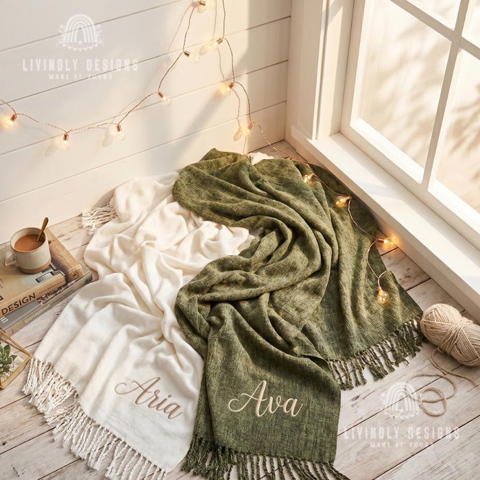 Custom Name Nordic Chenille Blanket, Soft Decorative Throw with Tassel Detail