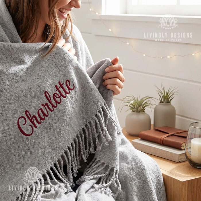 Custom Name Nordic Chenille Blanket, Soft Decorative Throw with Tassel Detail