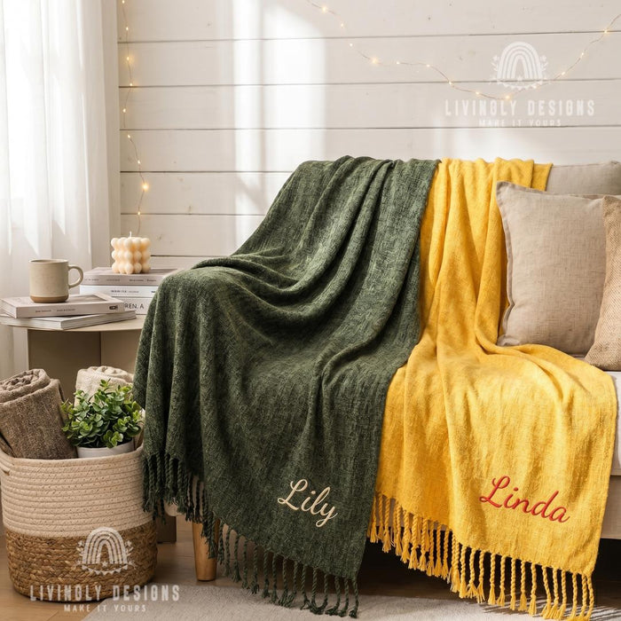 Custom Name Nordic Chenille Blanket, Soft Decorative Throw with Tassel Detail
