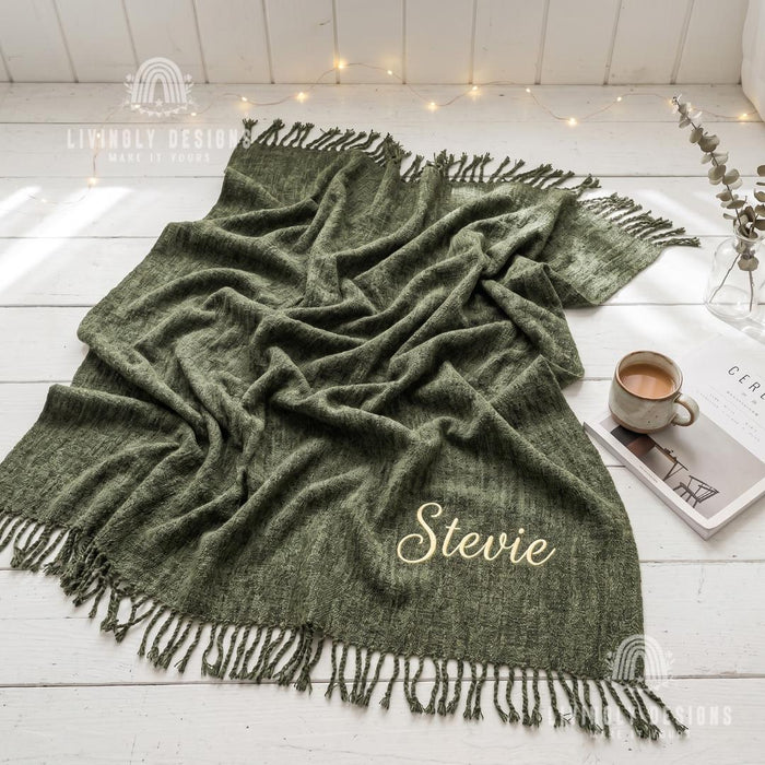 Custom Name Nordic Chenille Blanket, Soft Decorative Throw with Tassel Detail