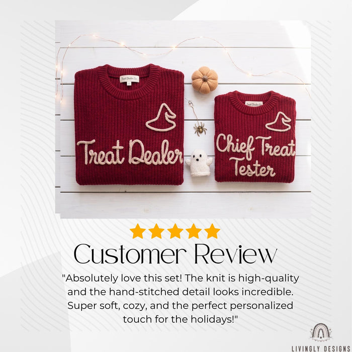 Matching "Treat Dealer, Chief Treat Tester" Halloween Sweater | Parent & Child Knit Jumper