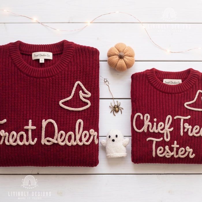 Matching "Treat Dealer, Chief Treat Tester" Halloween Sweater | Parent & Child Knit Jumper