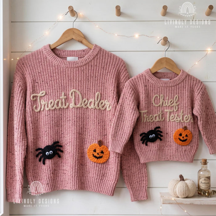 Matching "Treat Dealer, Chief Treat Tester" Halloween Sweater | Parent & Child Knit Jumper