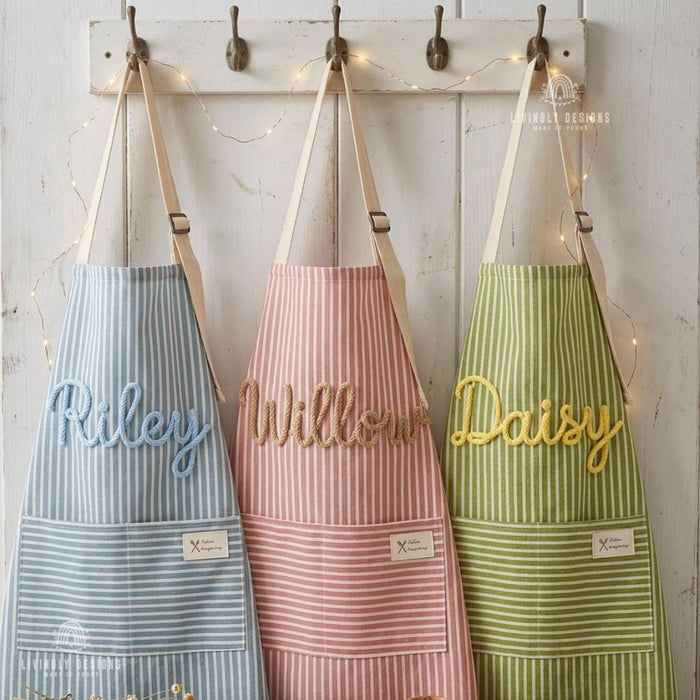 Personalized Chef Apron Elegant Cotton Linen Striped Apron with Name