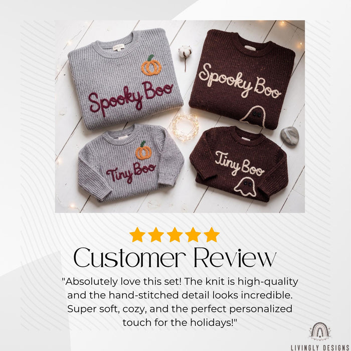 Personalized Spooky Boo, Tiny Boo Matching Halloween Jumpers Parent & Baby Knit Sweater