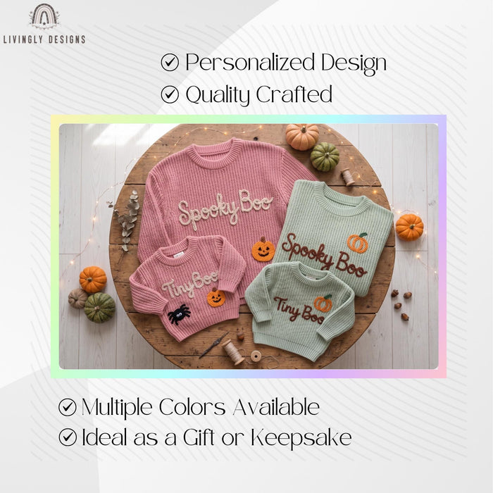 Personalized Spooky Boo, Tiny Boo Matching Halloween Jumpers Parent & Baby Knit Sweater