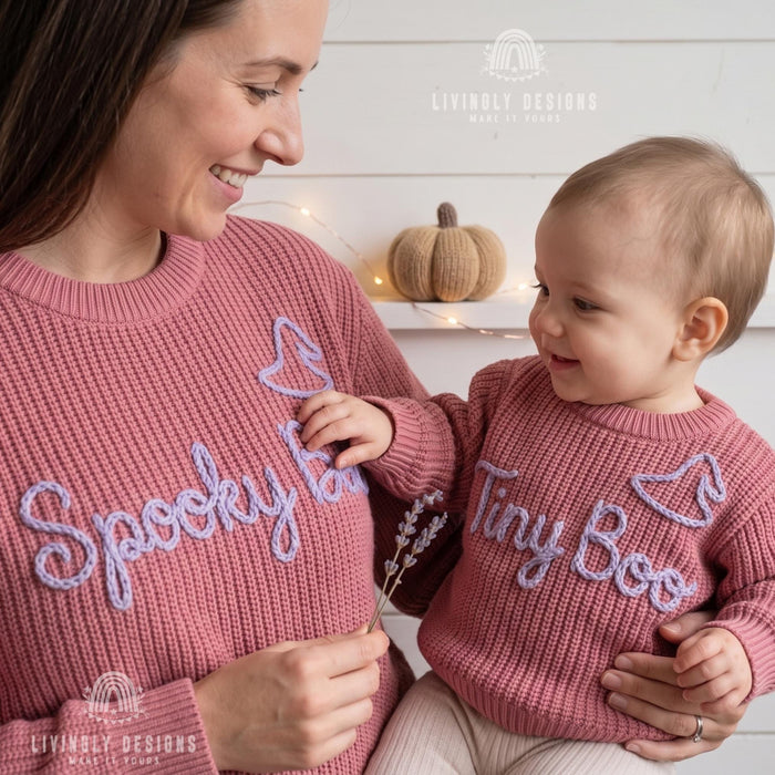 Personalized Spooky Boo, Tiny Boo Matching Halloween Jumpers Parent & Baby Knit Sweater