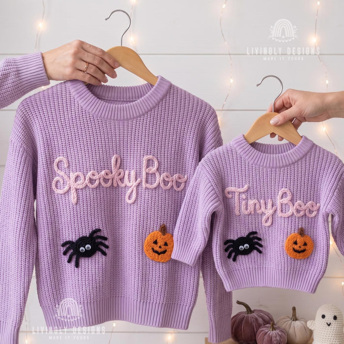Personalized Spooky Boo, Tiny Boo Matching Halloween Jumpers Parent & Baby Knit Sweater