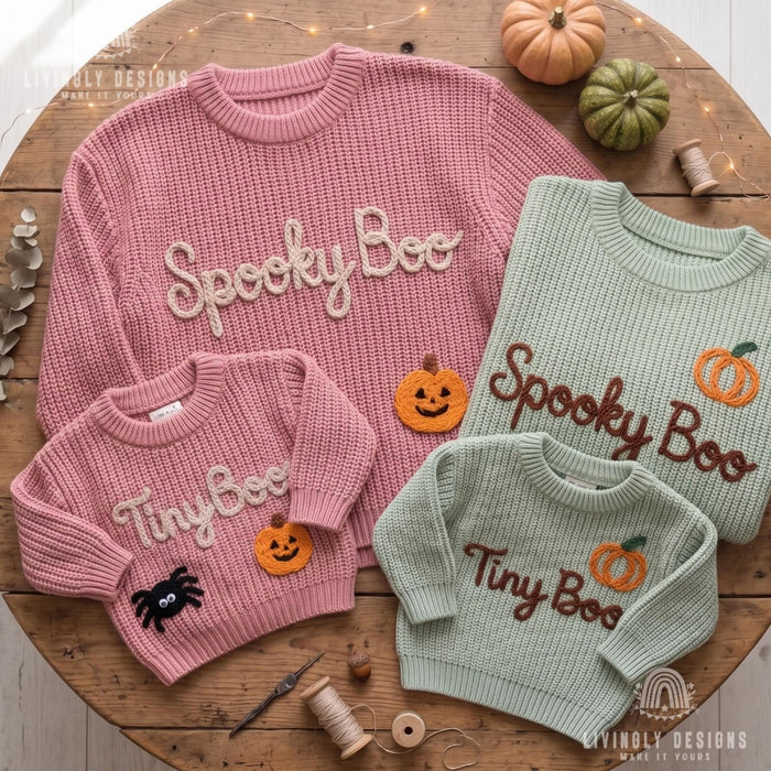 Personalized Spooky Boo, Tiny Boo Matching Halloween Jumpers Parent & Baby Knit Sweater
