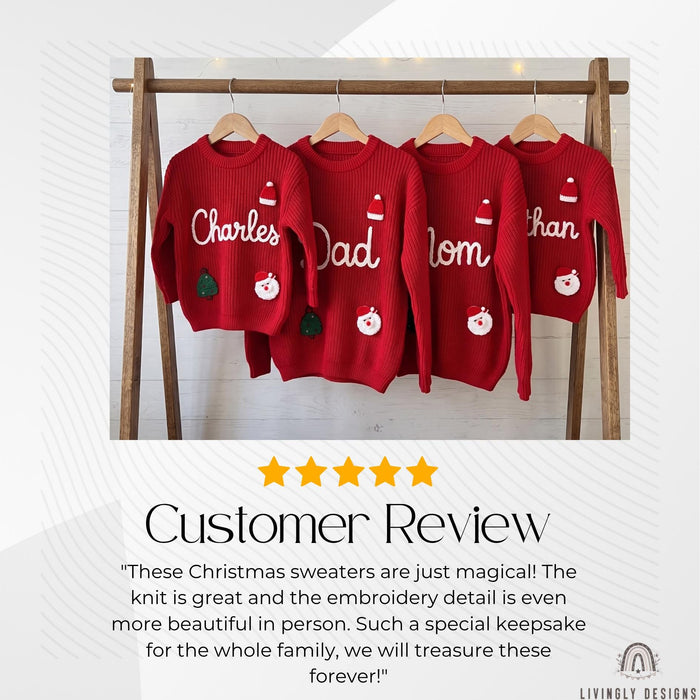 Matching Personalized Family Christmas Knit Sweaters | Custom Embroidered Name Mom Dad & Kids Jumper Set