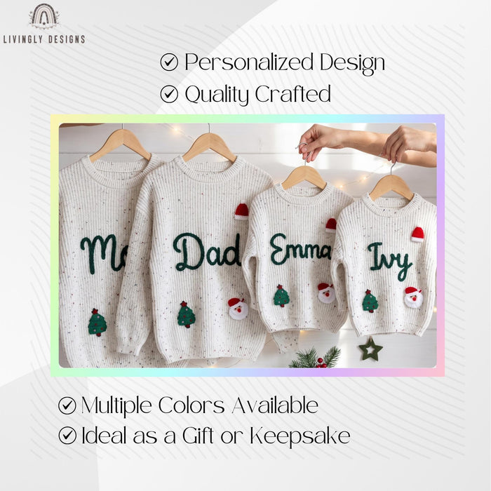 Matching Personalized Family Christmas Knit Sweaters | Custom Embroidered Name Mom Dad & Kids Jumper Set
