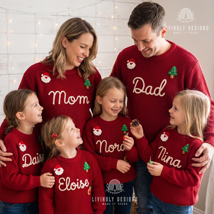 Matching Personalized Family Christmas Knit Sweaters | Custom Embroidered Name Mom Dad & Kids Jumper Set