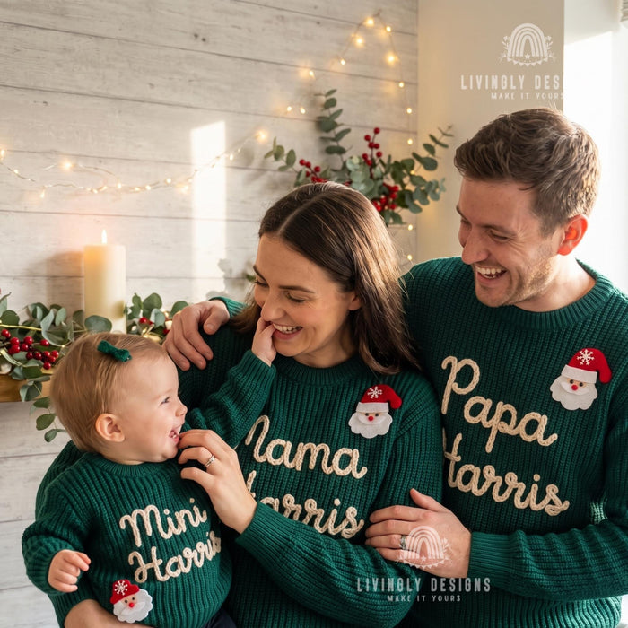 Personalized "Mama, Papa & Mini" Family Christmas Sweaters | Custom Name Embroidered Matching Knit Jumper