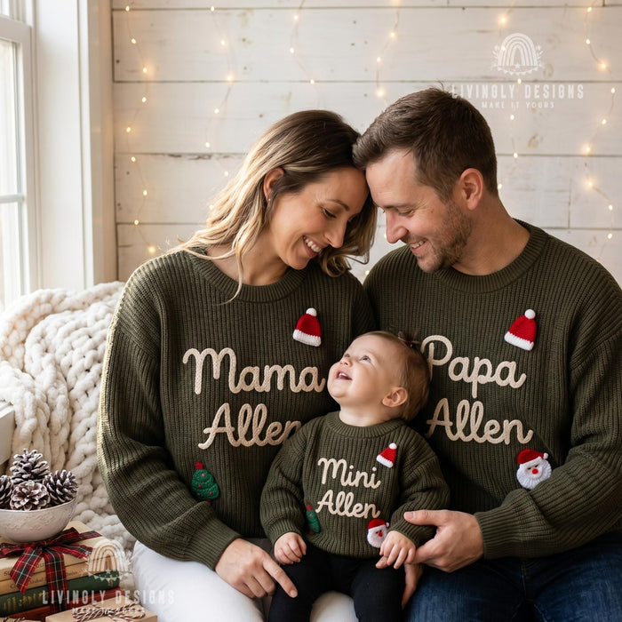 Personalized "Mama, Papa & Mini" Family Christmas Sweaters | Custom Name Embroidered Matching Knit Jumper