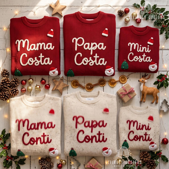 Personalized "Mama, Papa & Mini" Family Christmas Sweaters | Custom Name Embroidered Matching Knit Jumper