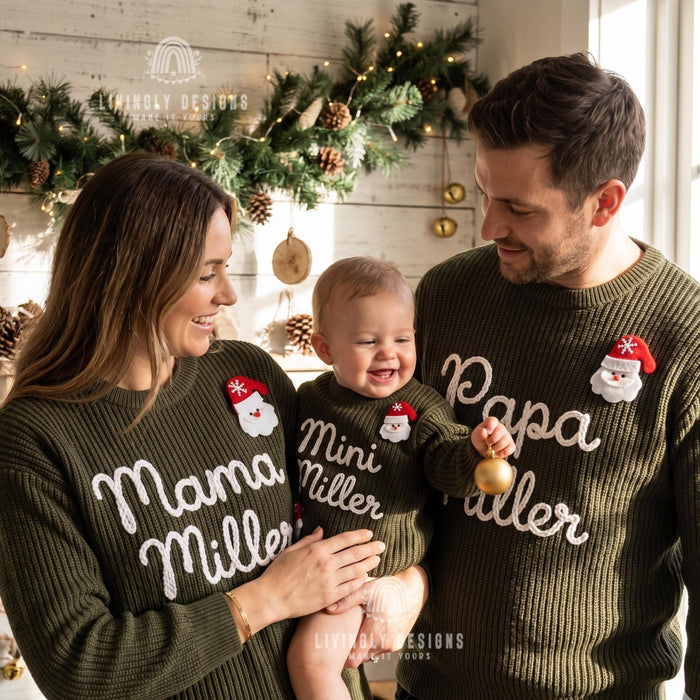 Personalized "Mama, Papa & Mini" Family Christmas Sweaters | Custom Name Embroidered Matching Knit Jumper