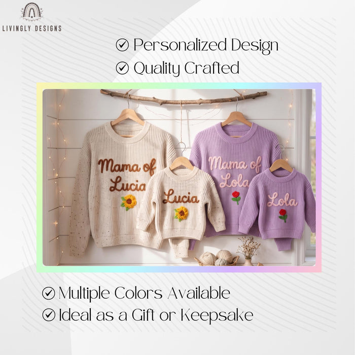 Personalized Name or Mama of, Child Name Matching Sweaters | Custom Embroidered Floral Mom & Baby Knit Jumper