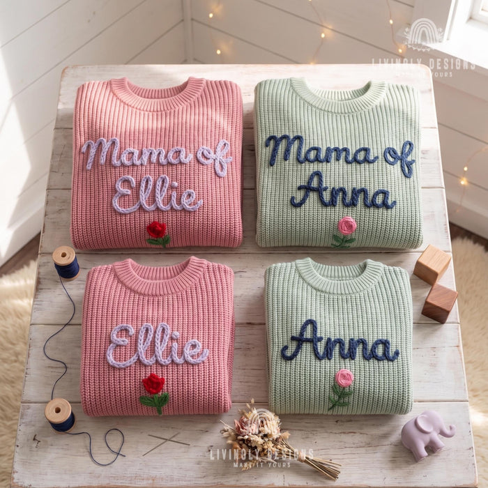 Personalized Name or Mama of, Child Name Matching Sweaters | Custom Embroidered Floral Mom & Baby Knit Jumper