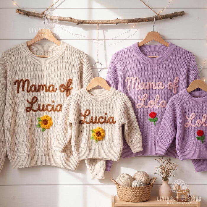 Personalized Name or Mama of, Child Name Matching Sweaters | Custom Embroidered Floral Mom & Baby Knit Jumper