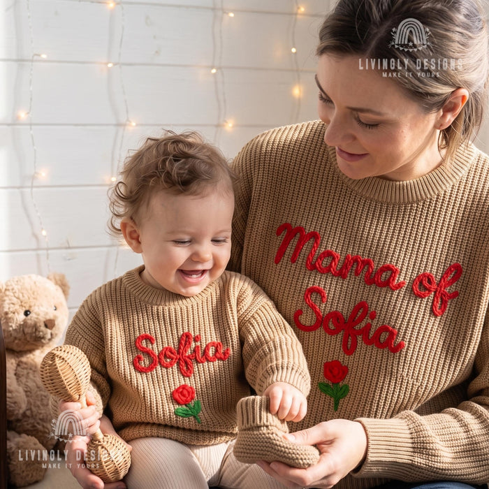 Personalized Name or Mama of, Child Name Matching Sweaters | Custom Embroidered Floral Mom & Baby Knit Jumper