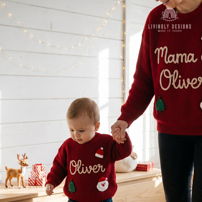 Matching Mama of Baby Name Personalized Christmas Jumpers | Festive Matching Holiday Sweaters