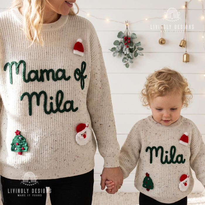 Matching Mama of Baby Name Personalized Christmas Jumpers | Festive Matching Holiday Sweaters