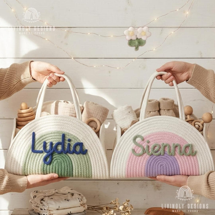 Custom Name Baby Accessories Bag Woven Storage Basket or Diaper Caddy