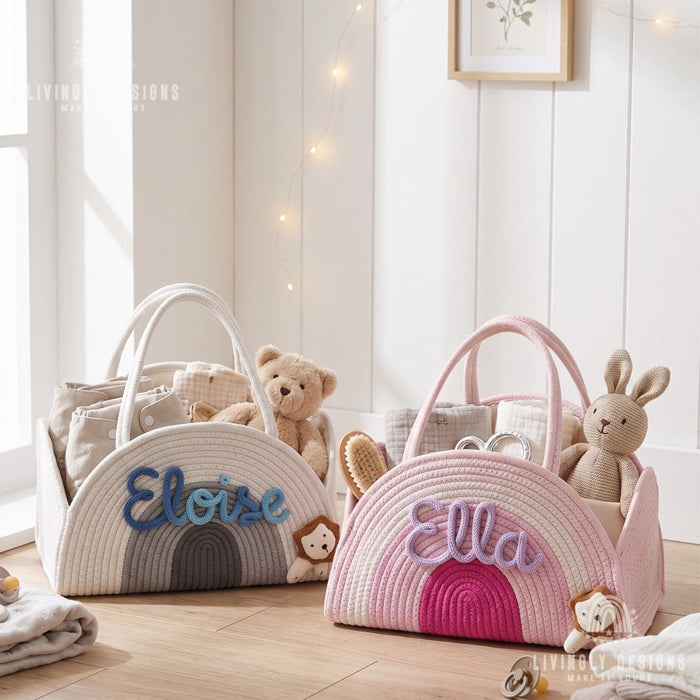 Custom Name Baby Accessories Bag Woven Storage Basket or Diaper Caddy