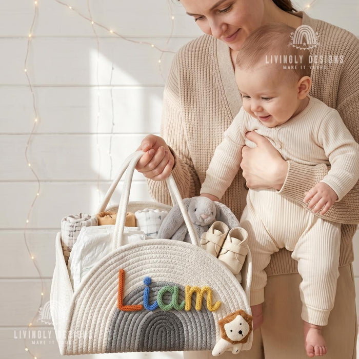 Custom Name Baby Accessories Bag Woven Storage Basket or Diaper Caddy