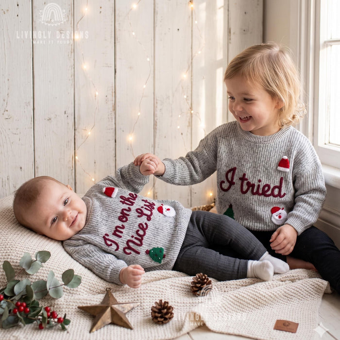 Matching Custom I'm on the Nice List, I Tried Kids Christmas Sweaters | Embroidered Sibling Knit Jumpers