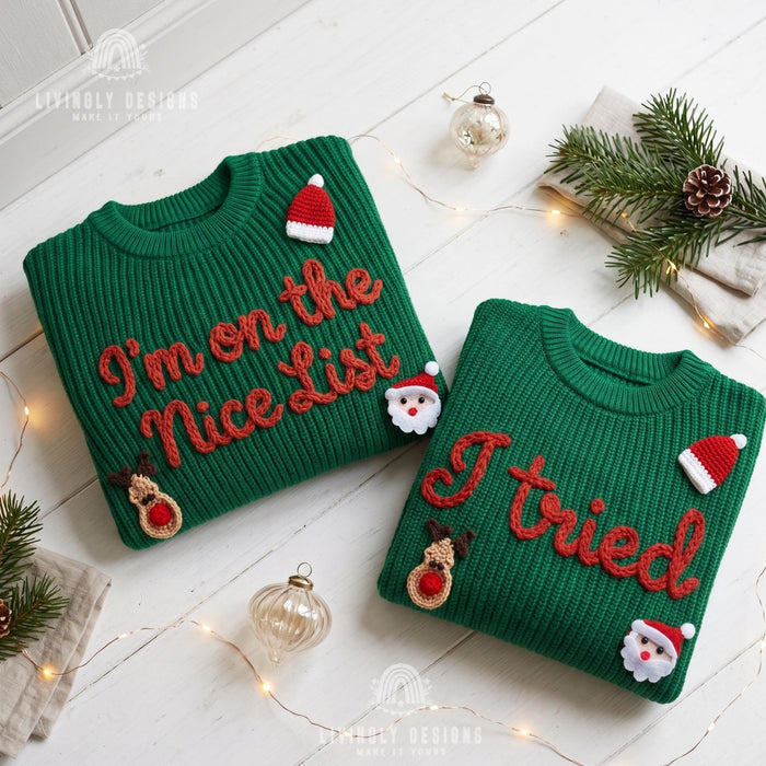 Matching Custom I'm on the Nice List, I Tried Kids Christmas Sweaters | Embroidered Sibling Knit Jumpers