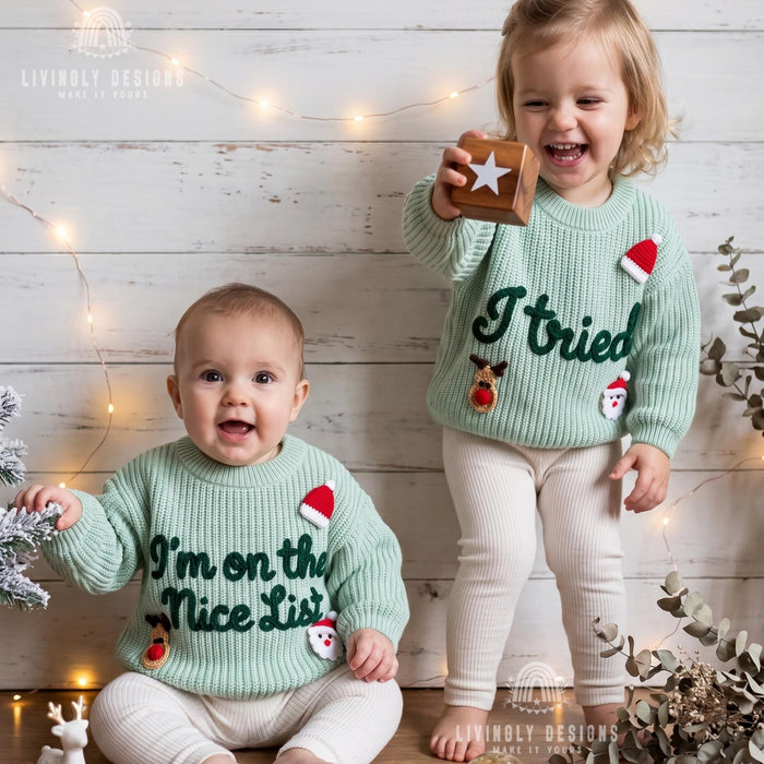 Matching Custom I'm on the Nice List, I Tried Kids Christmas Sweaters | Embroidered Sibling Knit Jumpers
